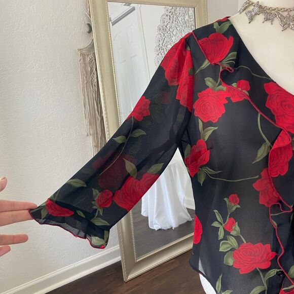 Whimsygoth Black Red Flower Frilly Ruffle Rose Mesh Button Up Vintage Blouse M - Picture 3 of 7